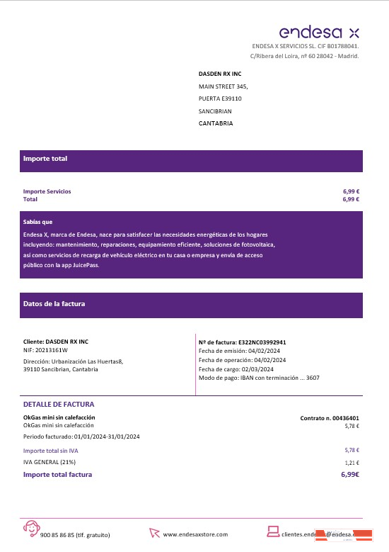 Spain Barcelona Endesa X electricity business utility bill Word and PDF formats